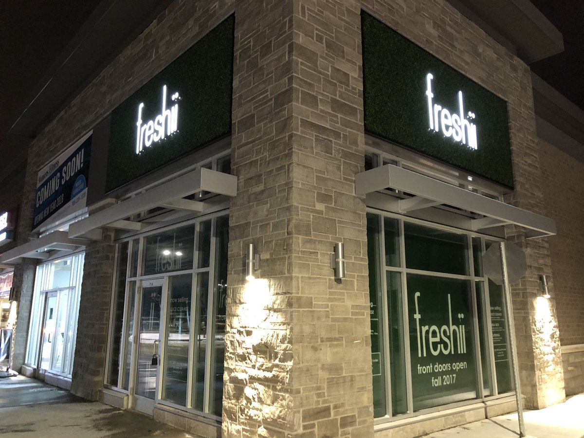 FreshiiAjax's tweet photo. Our Freshii signs were installed today.  Very exciting day. Great work by @Ad_ArtFab 🙂 #Freshii #FreshiiAjax #EatEnergize https://t.co/TZSOZ4kXQl