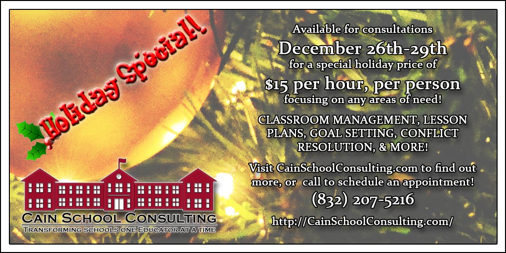 cainschool's tweet photo. Happy Holidays from Cain School Consulting! Take time to reflect on your Fall Semester. Are there some deficits you'd like to target before the Spring Semester begins?  We'd like to help! Retweet for a $5 discount when your appointment has been confirmed #SimpleSolutions https://t.co/Rdj68MegWp