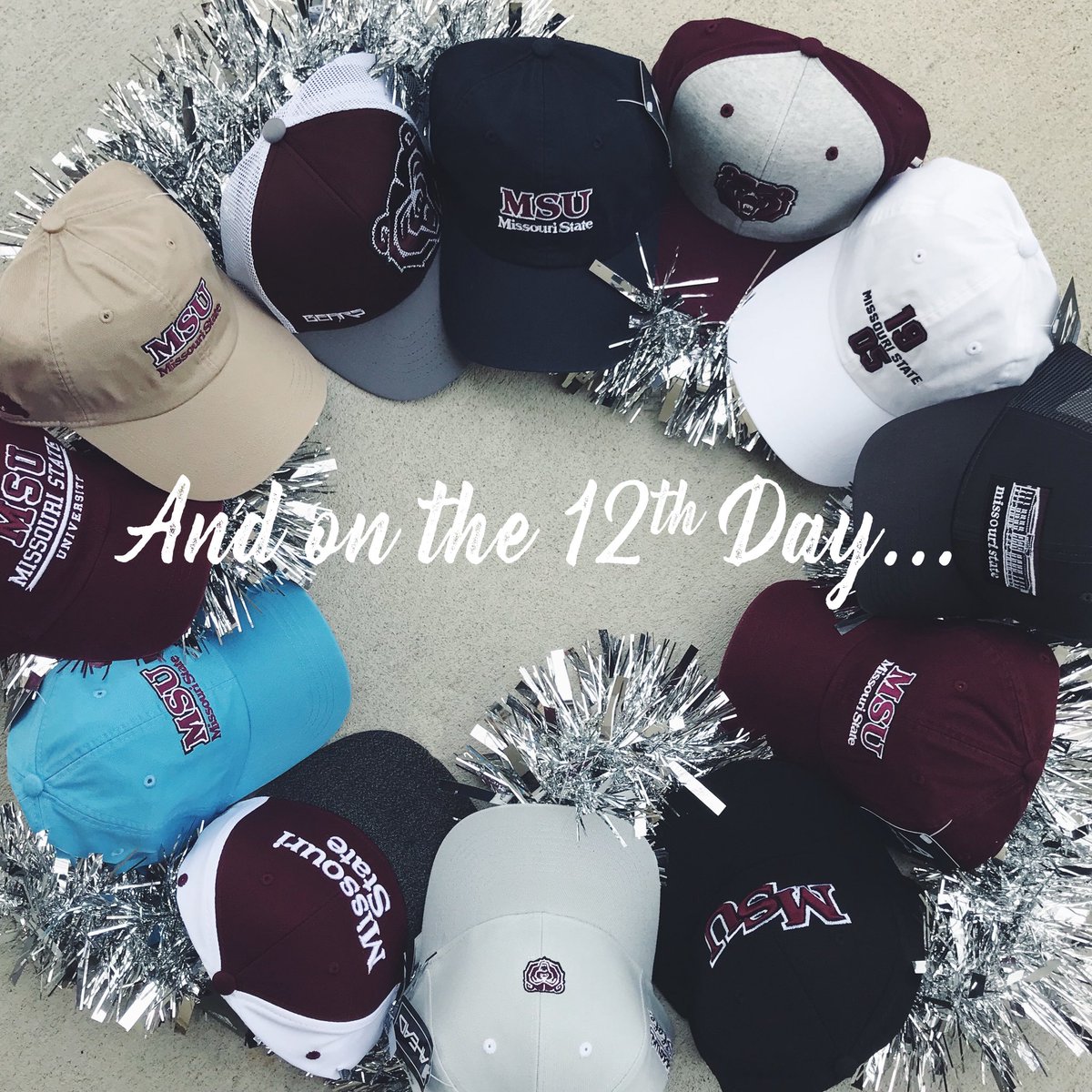 MoStateBkstore's tweet image. And on the 12th day of gift giving the Bookstore gave to me 12 MSU Caps!Happy Gift Giving, Bears!! 🎁❄️ #MoStateBookstore #12daysofgifts #HolidayTime #GoBears