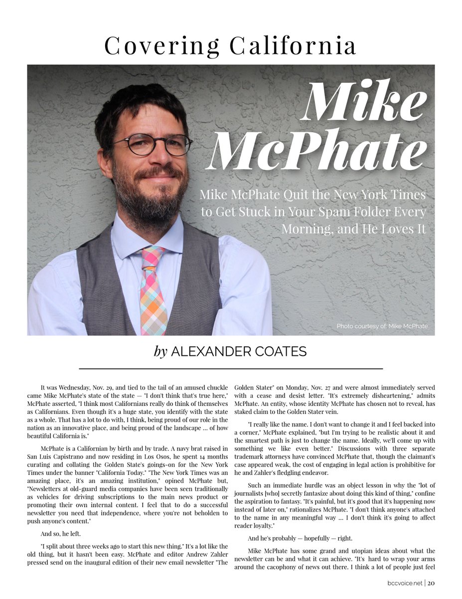 BCCVoice's tweet photo. Covering #California https://t.co/atXF25urtU #MikeMcPhate Quit The #NewYorkTimes to get Stuck in Your #Spam Folder Every Morning, and He Loves It By #AlexanderCoates 🌞🤙🗞️ https://t.co/F56HG1aOu6