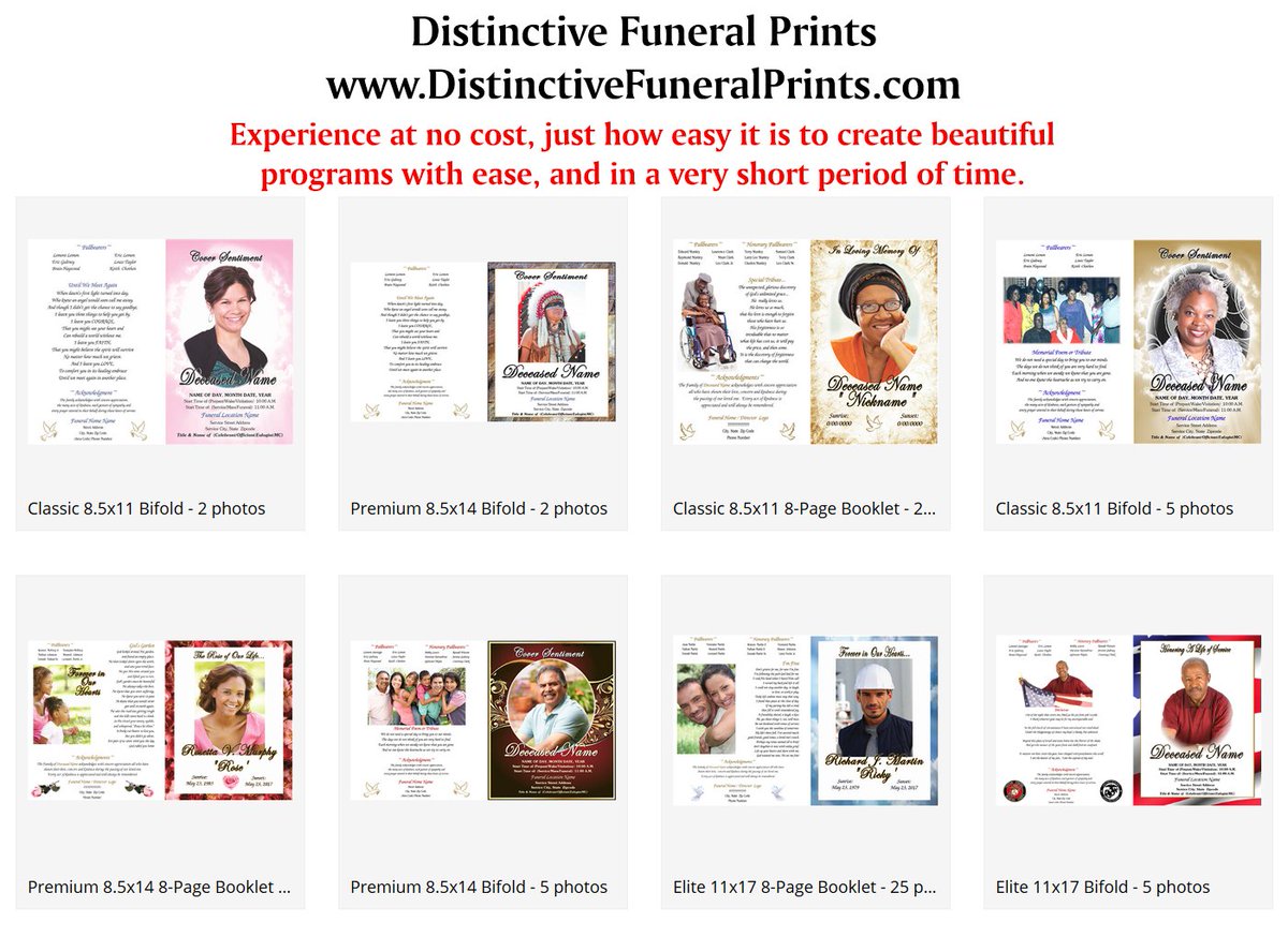 DistinctiveFP's tweet image. Do It Yourself!
Experience at no cost, just how easy it is to create beautiful 
programs with ease, and in a very short period of time.
Distinctive Funeral Prints
DistinctiveFuneralPrints.com