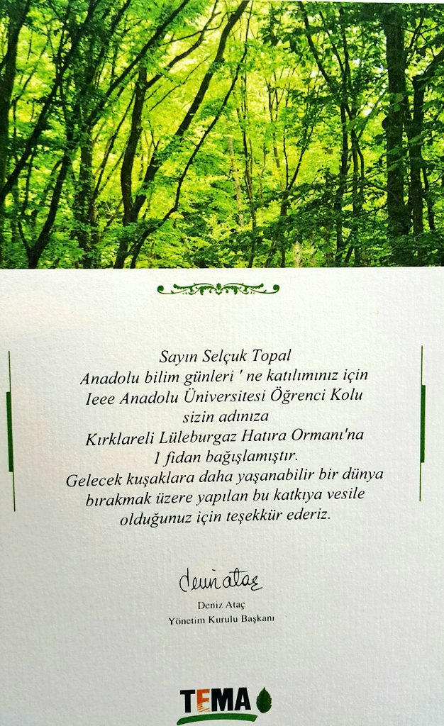 <a href="/bilimanadoluda/">Anadolu BilimGünleri</a> @anadoluieee <a href="/eskisehirbb/">Eskişehir Büyükşehir Belediyesi</a> Ben teşekkür ediyorum dostlar! Emeği geçen herkese ve destekleyen tüm kuruluşlara teşekkürler! Ve bu harika hediye için de! Bir fidan daha evlat edinmek beni çok mutlu etti!