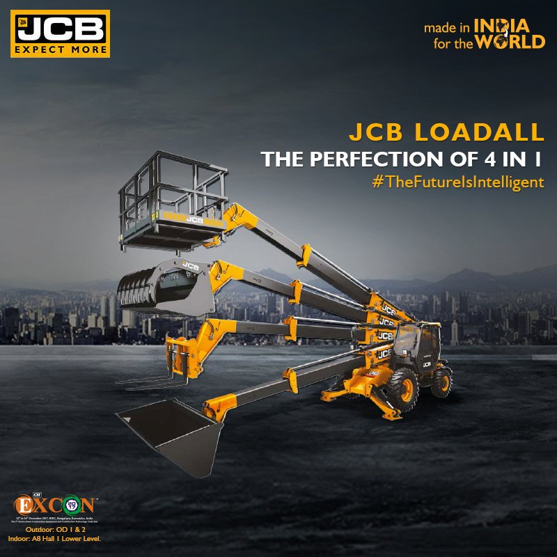 JCBIndiaLtd's tweet photo. Customise your success with the excellent range of JCB Loadall. Built to transform material handling efficiencies across different categories and industries, the JCBLoadall has got the perfection of 4 machines in 1. #Excon2k17 #TheFutureIsIntelligent #CIIExcon2017 https://t.co/Or50POuXTc