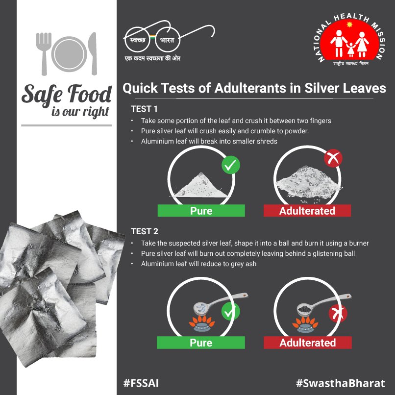 MoHFW_INDIA's tweet photo. Here are a few quick tests that you can perform at home to test adulterants in silver leaves used in confectionery. #FSSAIΒ #SwasthaBharat https://t.co/knM0Hrzyt7
