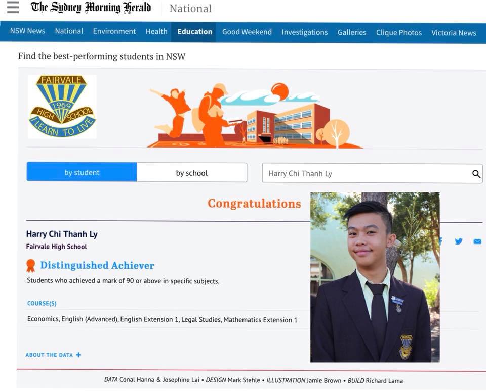 FairvaleHigh's tweet photo. Congratulations to our School Captain, Harry Ly who received an #atar of 99.6 and made the #DistinguishedAchiever list in the #smh @smh #hsc2017 and  @learnPSNSW #nswdoe https://t.co/VchRNaAw0k