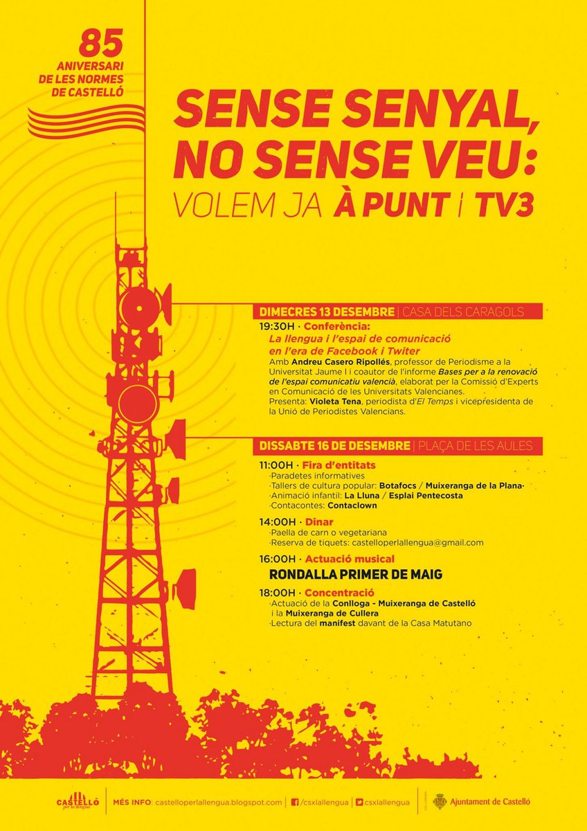 Avui ens veiem a Castelló amb <a href="/csxlallengua/">Castelló per la Llengua</a> perquè estem "Sense senyal, però no sense veu: volem <a href="/apunt_media/">À Punt</a> i <a href="/tv3cat/">TV3 és ara @Som3Cat</a>" Comptem amb tu! 😉