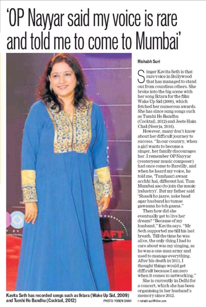 kavitaseth's tweet photo. #NirvanaLive is my musical dedication to Mr. Seth who made me realise my dreams and supported me all through his life to make sure I chase them! See you all tomorrow, 17th Dec , 6.30 pm at Siri Fort Auditorium #NewDelhi @htTweets https://t.co/1MQHvjuv4R