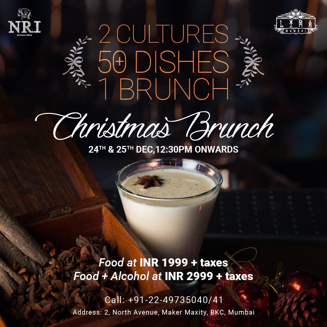 NRIBKC's tweet photo. NRI &amp; LIMA Bring to you-

✨🎄Christmas Brunch🎄✨
A Tale of Two Cultures- Indian Diaspora meets Latin America

Join us with family &amp; friends on 24th &amp; 25th December to celebrate the season of joy with more than 50 dishes, drinks &amp; desserts to feast on! 🎄☃️🥂

#NRIBKC #LIMABKC https://t.co/AIe7huFcDG