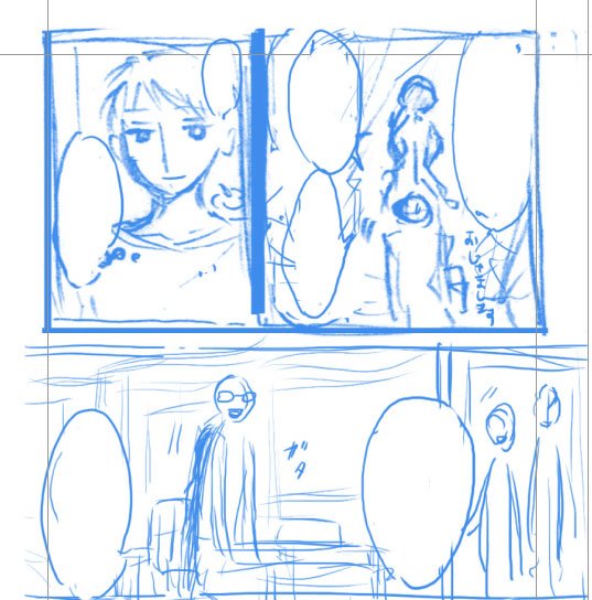 私はネームを下書きにしています。表情が決まっている時はどんな表情かわかる程度、それ以外はざっくりとネームを描いて、ネームが決まればそのままペン入れ作業です。 #このタグを見た人はラフ画とその完成絵を見せる 