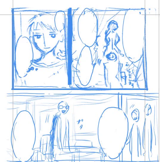 私はネームを下書きにしています。表情が決まっている時はどんな表情かわかる程度、それ以外はざっくりとネームを描いて、ネームが決まればそのままペン入れ作業です。 #このタグを見た人はラフ画とその完成絵を見せる 
