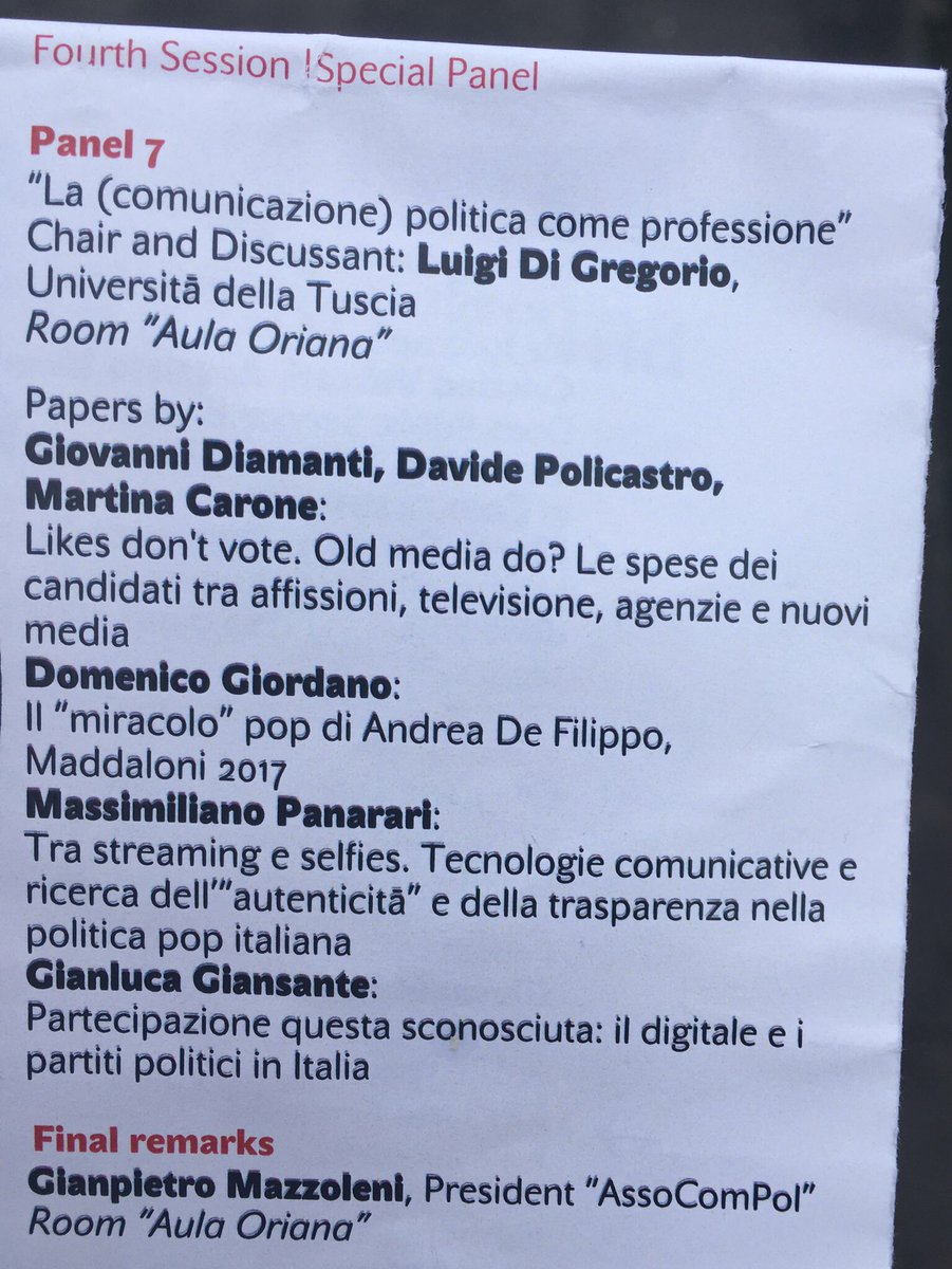 antodicarlo's tweet photo. Last but not the least (special) panel @ #compol2017 @SapienzaRoma — Chair @ldigregorio75. Speech 1: @giodiamanti, Davide Policastro, @Martina_Carone (@QuorumSAS). 2: Domenico Giordano. 3: @g_giansante. 4: @MPanarari / @GPMazzoleni @SaraBentivegna @AssoComPol @compol20 #compol17 https://t.co/4OkBwIrQAb