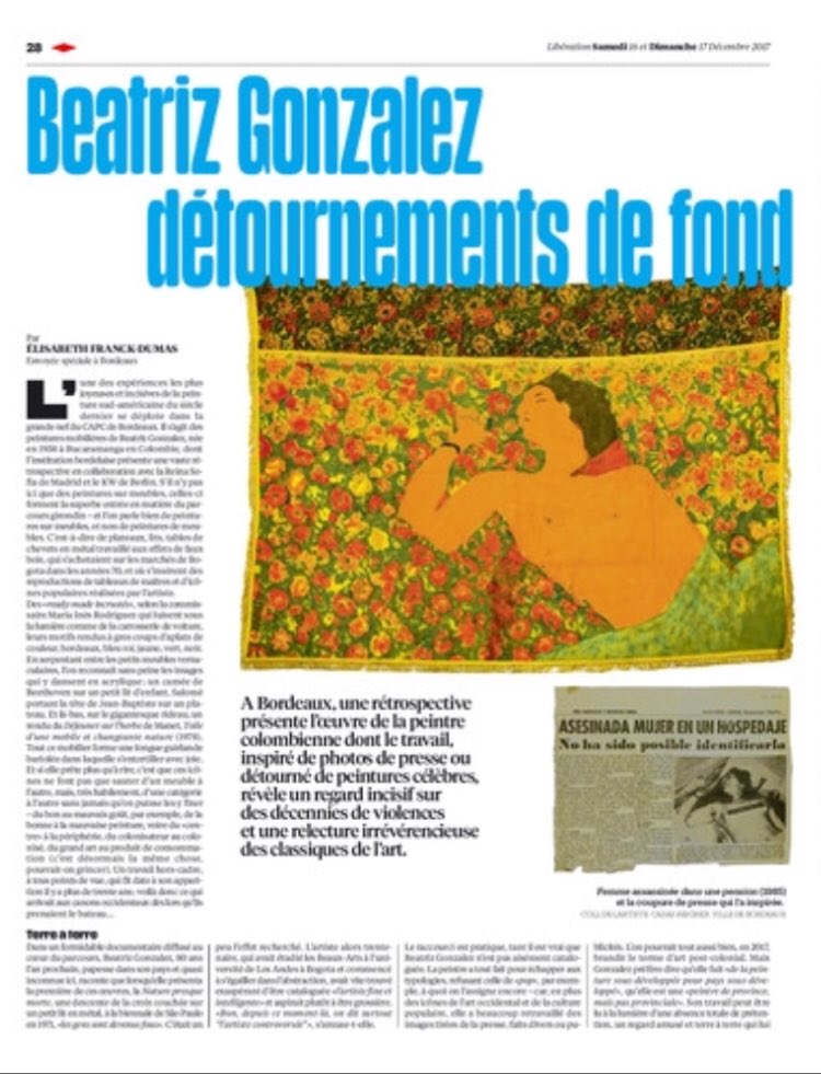 CAPCmusee's tweet image. [presse] lecture du #wk avec @libe 👉🏽 allez à votre kiosque à journaux et célébrez avec nous #BeatrizGonzalez une artiste exceptionnelle @BDX_Culture @BordeauxTourism m.facebook.com/capc.musee/?ts… #wk au #capc #art @FrCol2017 @IFParis