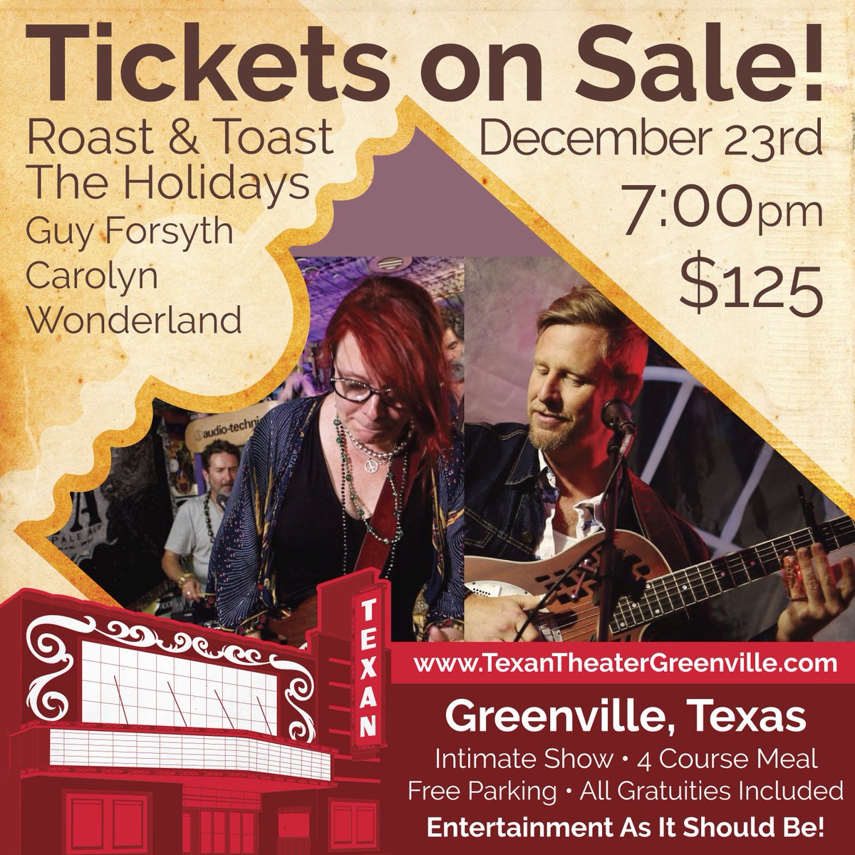 Guy Forsyth &amp; Carolyn Wonderland: December 23rd at 7! Tickets on sale now! goo.gl/P7rzFb Come enjoy an intimate show with close free parking, full 4 course dinner, luxurious seating, table service, and all gratuities included!