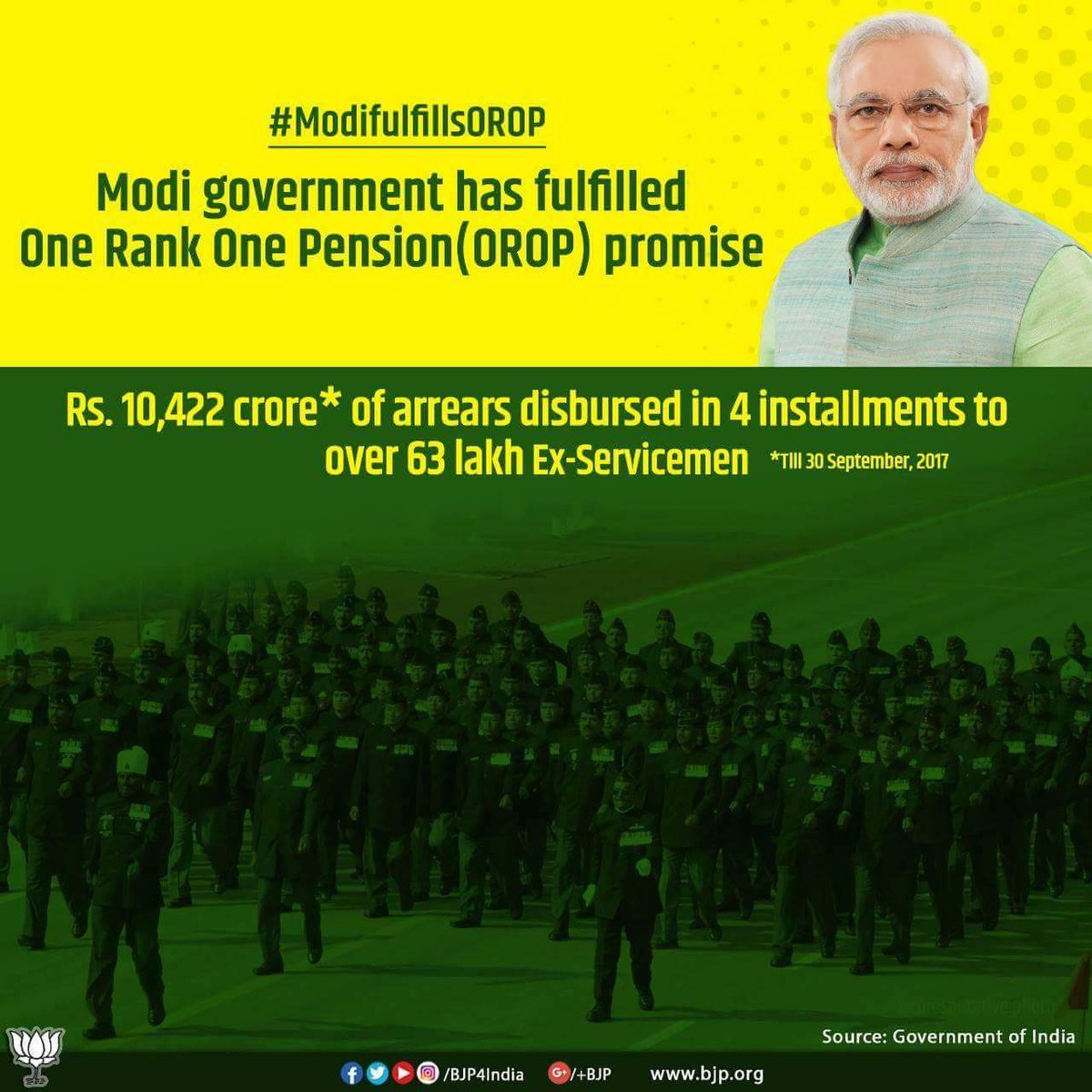AjayBhattBJP's tweet photo. Rs. 10,422 crore* of arrears disbursed in 4 installments to over 63 lakh ex-servicemen till 30 September 2017.
#ModiFulfillsOROP https://t.co/yhlAjfvSTU