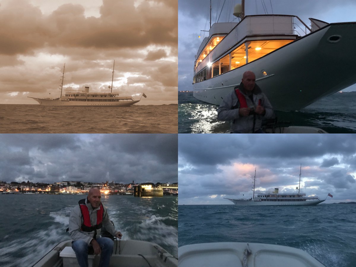 oceanskiesltd's tweet photo. An early start this morning for Tom and Adrian to welcome HAIDA to @gsyharbours  - this classic motor yacht was built in 1929 by the German shipyard Krupp Germania Werft for American millionaire Max C. Fleischmann #yachtagents #Guernsey #superyacht @VisitGuernsey @WEAREGUERNSEY https://t.co/e0zhhGt9iv