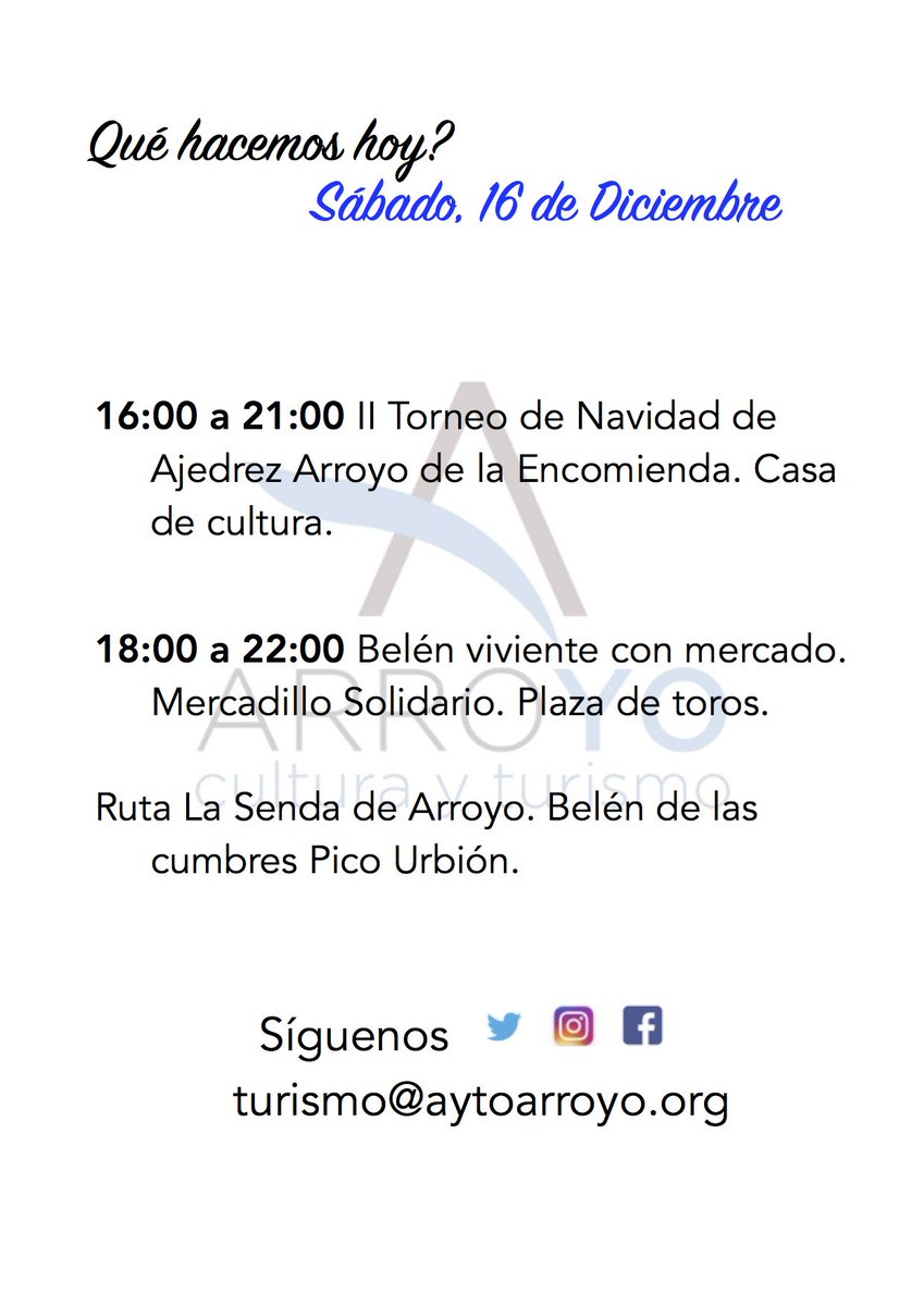 Turismo_Arroyo's tweet photo. #AgendaArroyo #turismo #Navidad #belenviviente @PucelaCon @infoVLL @MercadoArroyo @AlfonsoPahino #mercadosolidario @lasendadearroyo #senderismo #ajedrez @AjedrezValla @Turismo_Arroyo https://t.co/HAjlpFmk7g