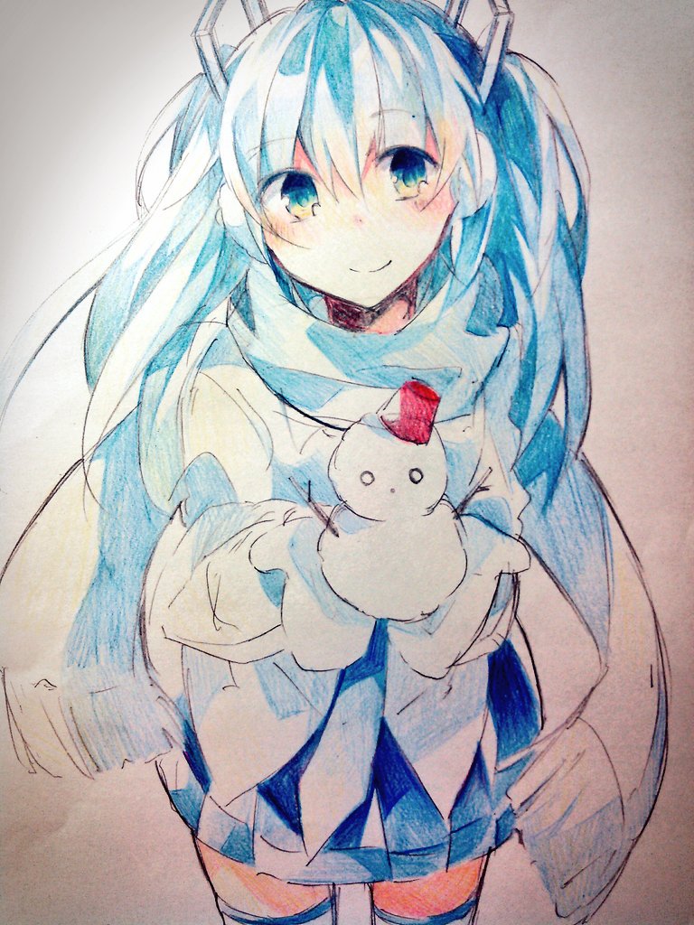 hatsune miku ,yuki miku 1girl solo snowman long hair scarf thighhighs twintails  illustration images