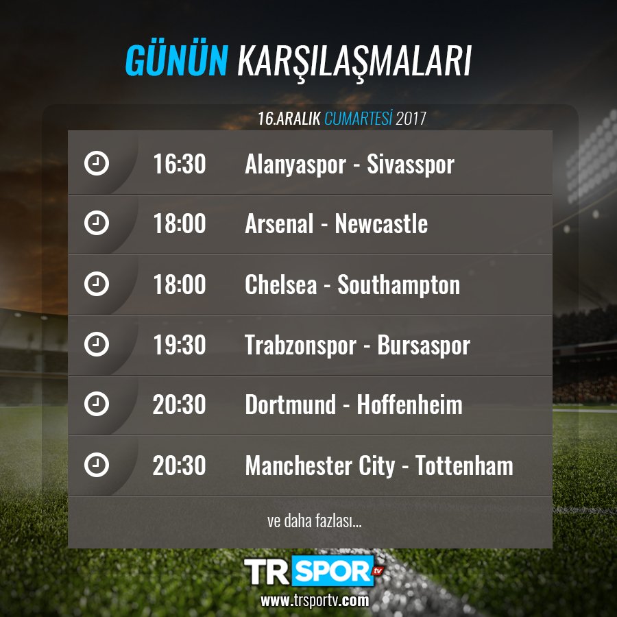 TARAFTARIN KANALI TRSPORtv1.com   ''da ⚽️🖥
►16.12.2017 Günün Canlı Karşılaşmaları
trsportv1.com   
#canlımac #maclinki #macburada #canlimacburada #CANLI #canliyayin #macizle #hdmacizle #spor #futbol #sivasspor #alanyaspor #trabzonspor #bursaspor #ChelseaFC