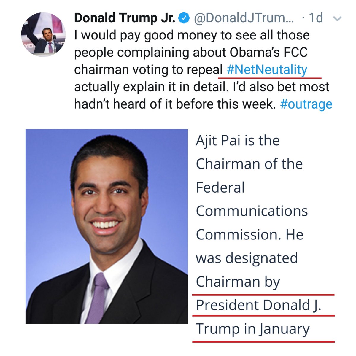jcook5909's tweet photo. Dear @DonaldJTrumpJr 1st of all, it's #NetNeutrality , Twitter even autofills it for you! Were you trying to spell it wrong??? And your dad appointed @AjitPaiFCC not @POTUS44 . YOU are #fakenews stop trying to brainwash those who aren't brave enough to fact check!!! #outrage https://t.co/4uvTBAWk5G