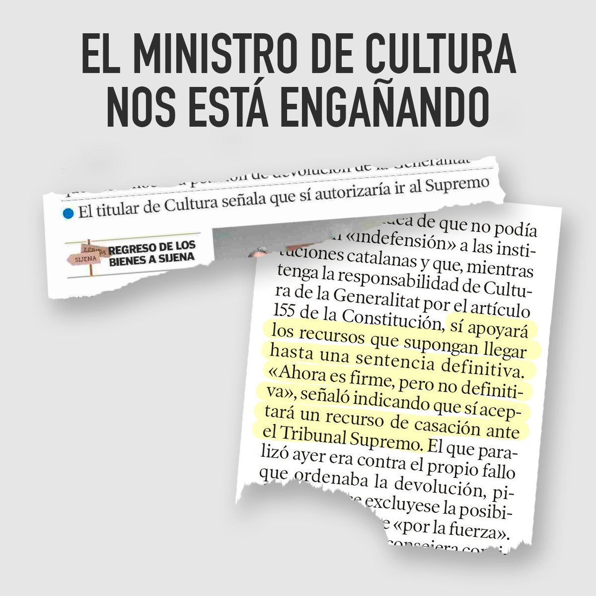 🔴 EL MINISTRO DE CULTURA HACE TODO LO POSIBLE PARA QUE LOS BIENES VUELVAN A LÉRIDA

Ahora otra nueva vuelta de tuerca tras decir ayer que "no se enteró de lo que firmaba": anuncia que presentará recurso de casación ante el Supremo. 

Incompetente o mentiroso? Nos está mintiendo!