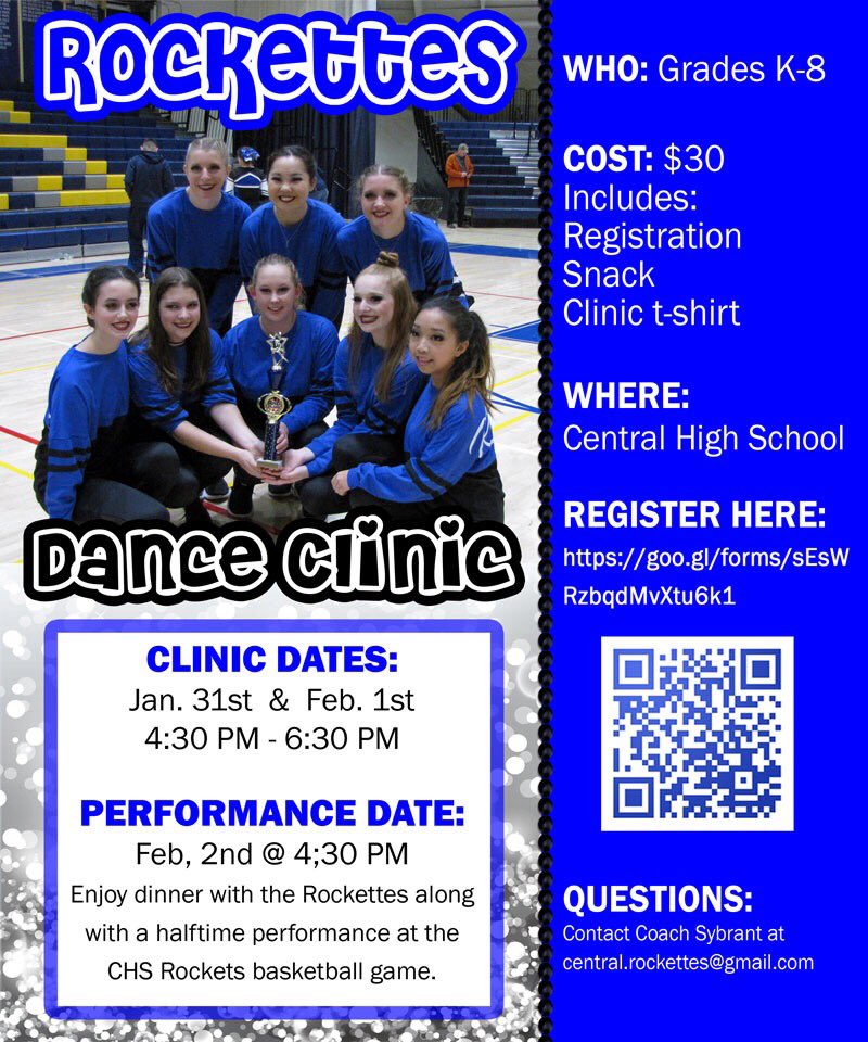 CHSRockettes's tweet photo. Hey Kindergarten through 8th!! Come join the Rockettes for their annual winter dance clinic. Click the link https://t.co/G4y1eOfyIW to register! We can't wait to dance with you! https://t.co/HetTvpCCyU