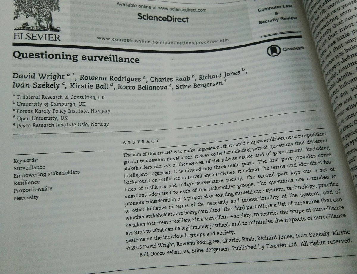R_E_Rodrigues's tweet photo. Our #clsr article on Questioning #surveillance has a useful list of questions to help evaluate impact of surveillance systems. @Trilateral_UK @EdinburghUni #EKINT @OpenUniversity @PRIOUpdates @ElsevierConnect #increasingresilience #researchimpactEU #irissproject https://t.co/PQD2sYPrX1