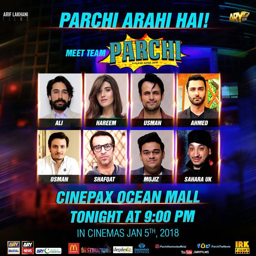 ParchiTheMovie's tweet photo. Get another chance to meet team Parchi tonight at 9 PM at the Cinepax Ocean Mall!
Parchi releasing in USA and Canada on 12th January 2018!
#Parchi #ParchiWillBlowYourMind #05JAN2018 #AnotherHitINC https://t.co/29BTCajV4O