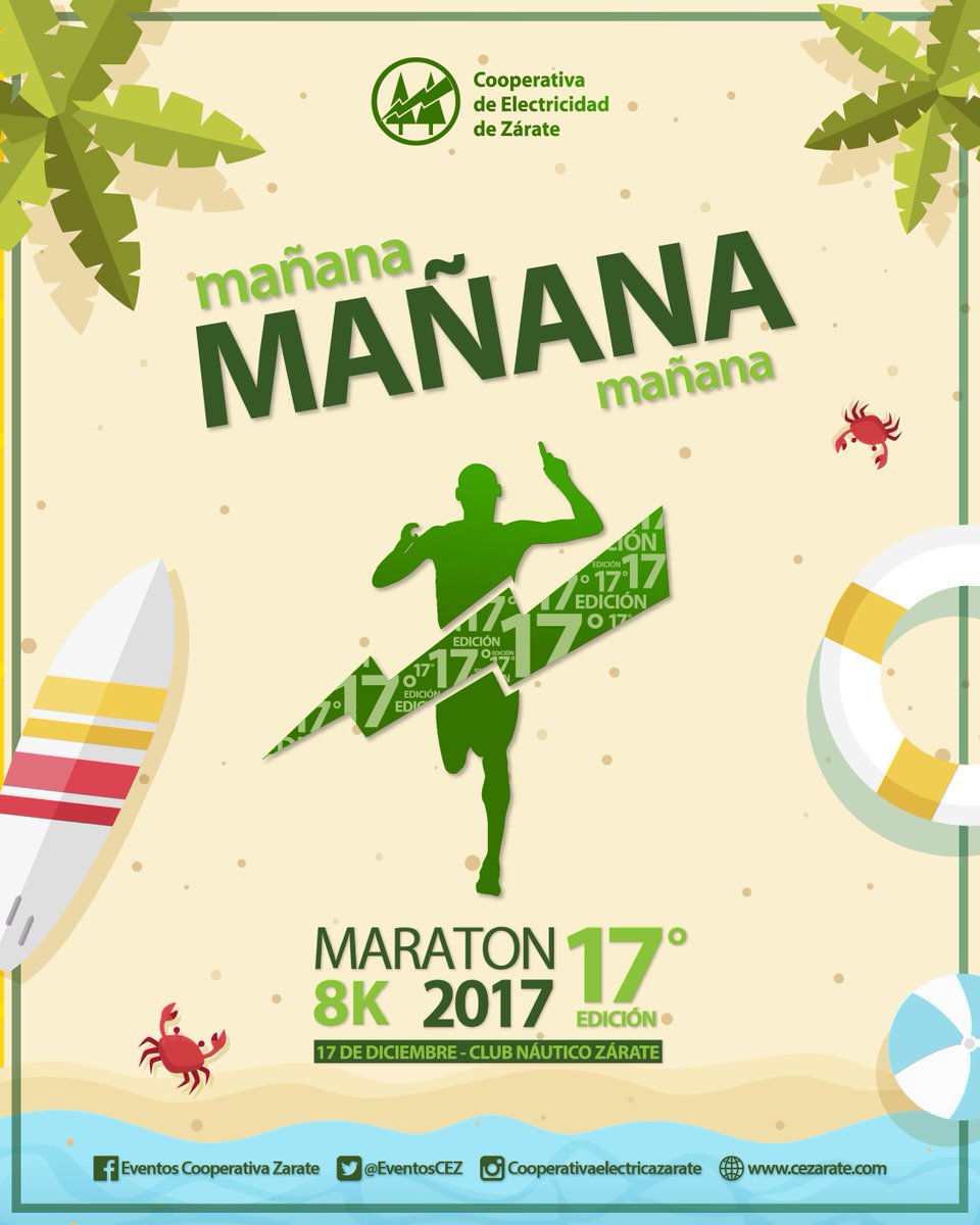 EventosCEZ's tweet photo. ¡¡ ÚLTIMO DESAFÍO 2017 !! 🏆🏃‍♂️
Llega la 17° Edición del Maratón 8K de Cooperativa Eléctrica en el Club Náutico Zárate. 

#Inscripción 08:00 hs. 
#Largada 9:30 hs.

¡¿ Quién se queda con la #Corona2017?! 👑
#MaratónCEZ #8K #3Kparticipativos #CircuitoCostanera #DomingoSeCorre https://t.co/lMLVN25C0V