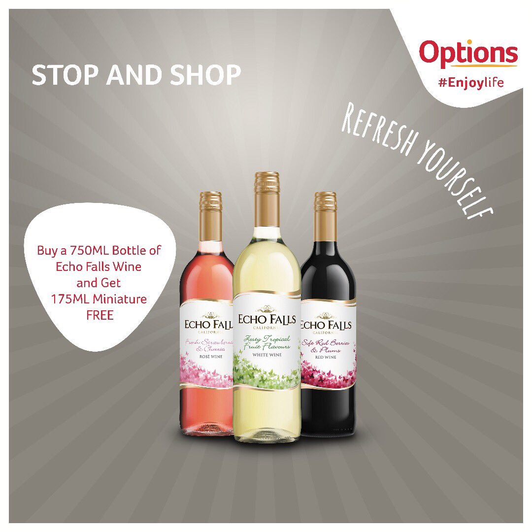 optionsmartgh's tweet photo. Buy a 750ML bottle of ECHO FALLS wine at any Options Mart branch and get a 175ML miniature bottle for FREE! Rush while stocks last as this offer ends on 31st December 2017 at all Options Mart shops nationwide. #discountsale #stopandshop 

#OptionsMart, enjoy life! https://t.co/Tui9vZxb8s
