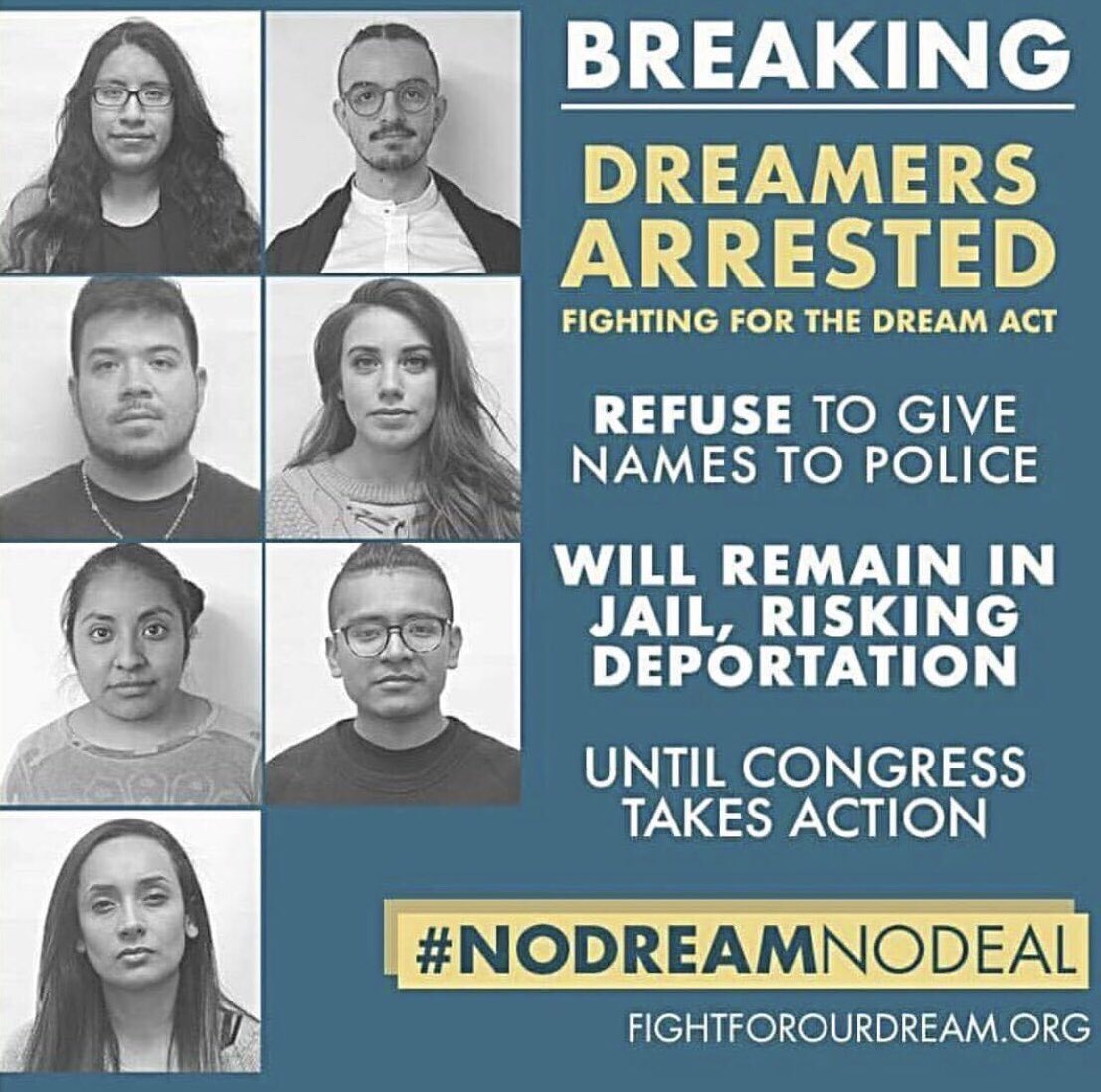 womensmarch's tweet photo. These brave DACA recipients were arrested yesterday fighting for a clean #DreamActNow. Show them your support: keep the pressure on Congress to pass a clean Dream Act before the end of the year. #NoDreamNoDeal 

https://t.co/rIAifkkosl https://t.co/54hmEVaJux