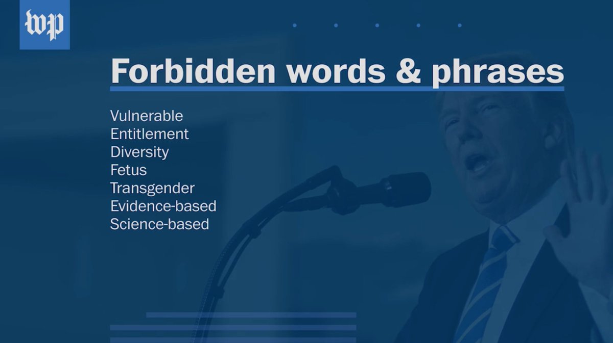 me_hauser's tweet photo. It takes a lot for me to be surprised these days, but really? "The forbidden words are “vulnerable,” “entitlement,” “diversity,” “transgender,” “fetus,” “evidence-based” and “science-based.” https://t.co/ZdVLVV0Jn7 https://t.co/O4LEXu385r
