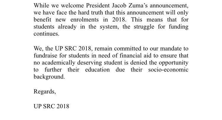 SRC Statement regarding Jacob Zuma’s Fee Announcement.