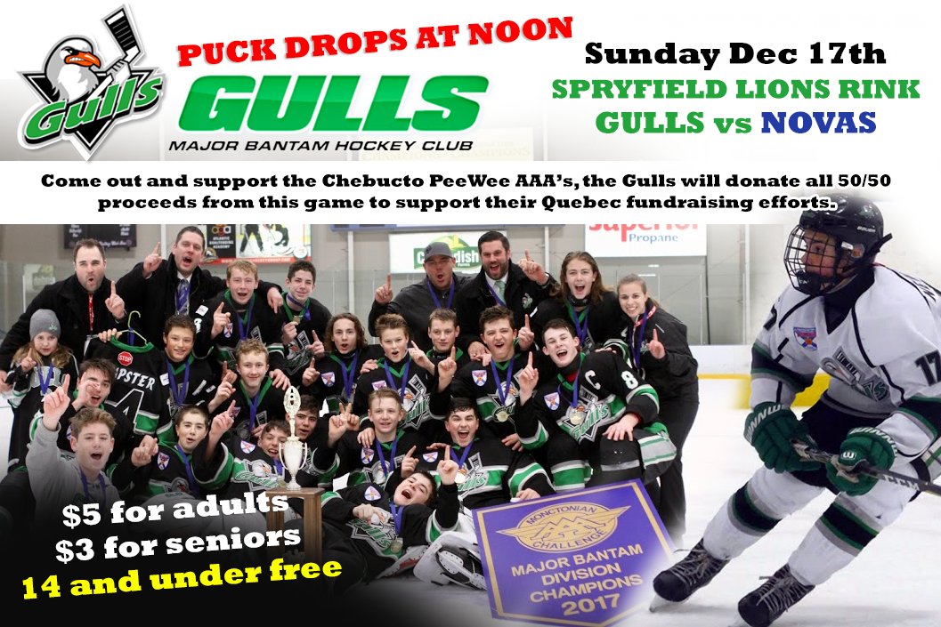 GULLSBantams's tweet photo. Gulls Home Game against the @Nova_Bantams at the Spryfield Lions Park on Sunday December 17th.
#GoPond2
Come out and Support the Chebucto PeeWee AAA's, the Gulls will donate all 50/50 proceeds to support their Quebec Fundraising efforts
#JrMoose @ChebuctoHockey @TasaMinorHockey https://t.co/wK0rAFd1vd