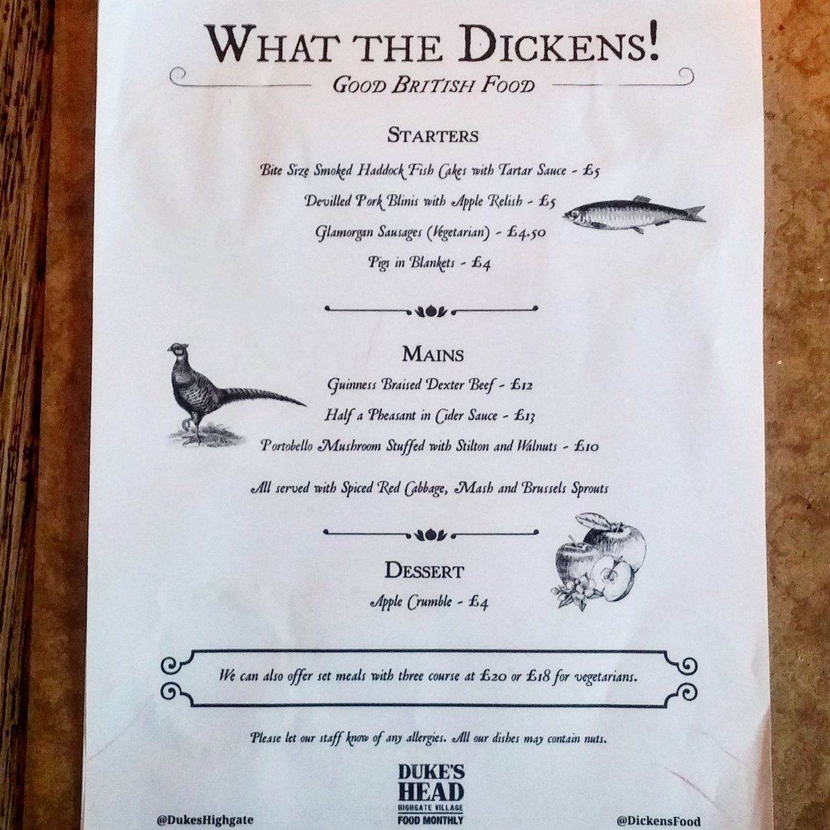 The menu at What The Dickens! aka <a href="/DickensFood/">What The Dickens!</a> 's new residency at <a href="/DukesHighgate/">Duke's Head Highgate</a> Historical British dishes - perfect for the cold weather (I went for the Dexter Beef) Serving daily til early Jan