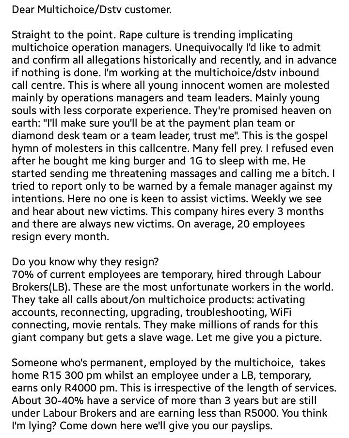 AdvoBarryRoux's tweet photo. Dear South Africa

Our sisters and brothers are suffering at #MultiChoice https://t.co/5SlxVyah4M