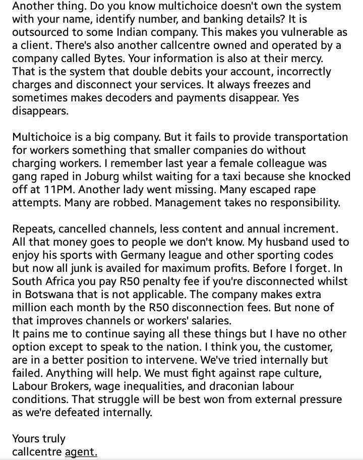 AdvoBarryRoux's tweet photo. Dear South Africa

Our sisters and brothers are suffering at #MultiChoice https://t.co/5SlxVyah4M
