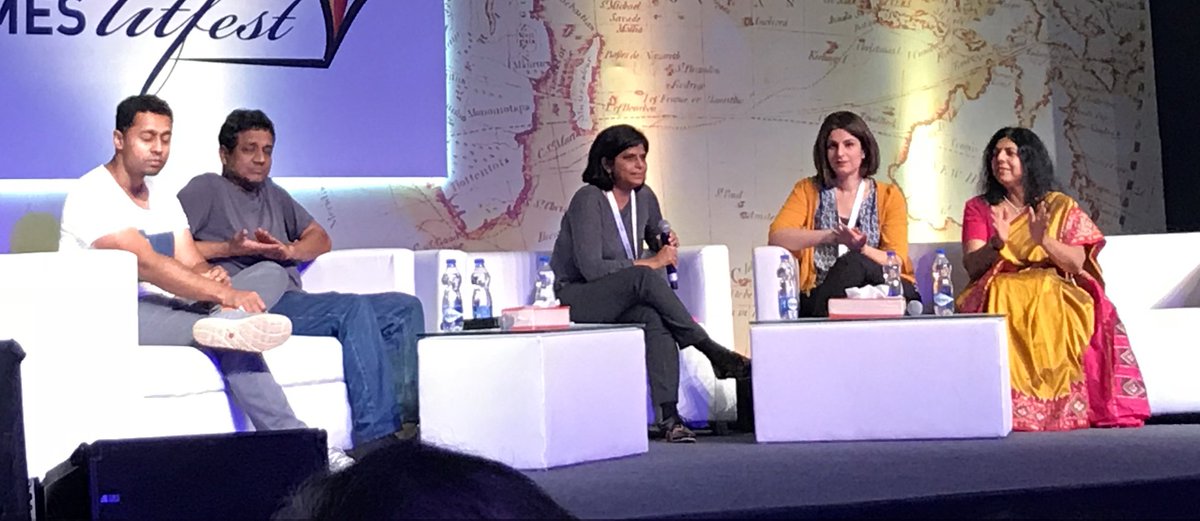 ShernaKhambatta's tweet photo. #TLF2017 a fascinating talk on #migration #writing and the #immigration story with @NadiaHashimi @cdivakaruni deepak unnikrishnan, sujit saraf & nina martyris https://t.co/J8Afd8RrOF