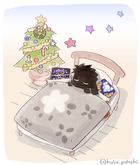 fujimaru ritsuka (male) christmas tree sleeping 1boy twitter username christmas ornaments christmas bed  illustration images