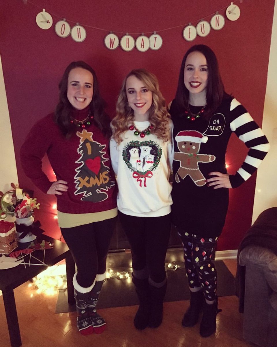 megbrain1219's tweet photo. @katevoegele &amp; @TylerHilton our ugly sweaters are ready for you! #uglysweatertour #nyc @RebeccaBrain1 https://t.co/n1g4Jpn6kS
