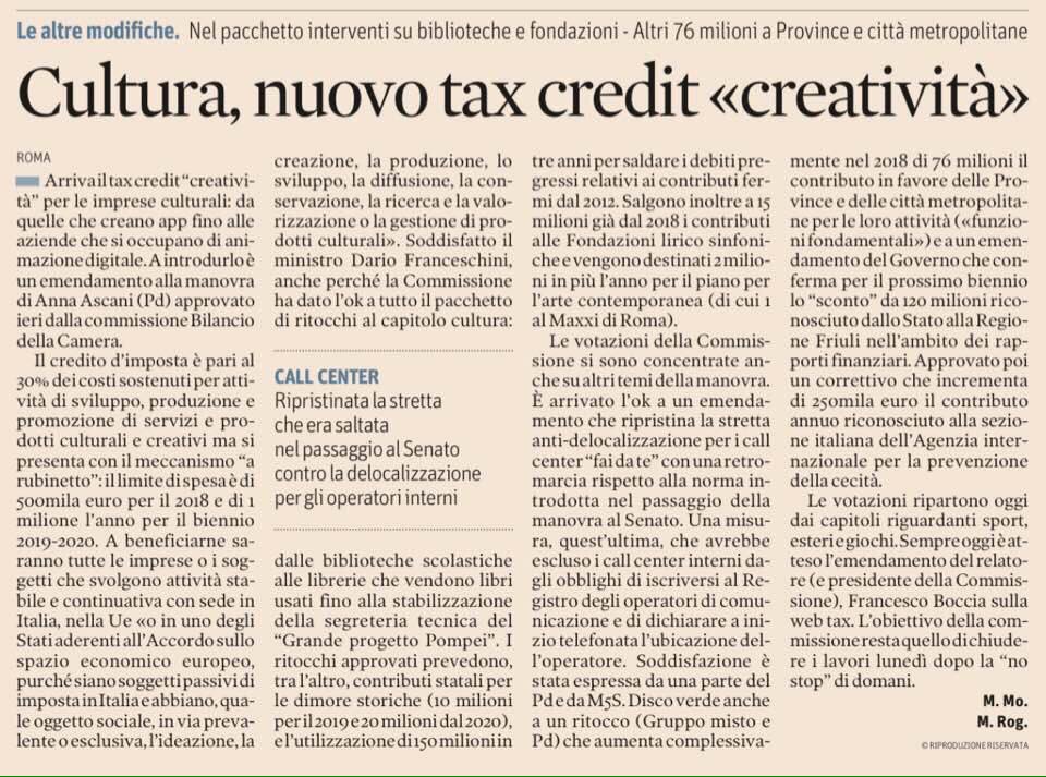 AgostinoRiitano's tweet photo. Tax credit creatività per le imprese culturali e creative alle quali è destinato un credito d’imposta del 30% dei costi per attività di sviluppo, produzione e promozione di prodotti e servizi culturali e creativi. #LeggeDiBilancio > https://t.co/oPcsnzHHdu @MiBACT https://t.co/Pr48KnBUj4