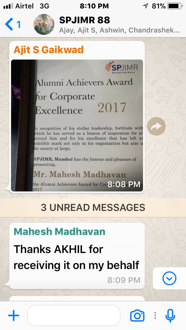 Akhil_C's tweet photo. Congratulations buddy @madhavanbacardi the first Global CEO from @SPJIMR Honoured &amp; Alumni Award for Corporate Excellence at SPANDAN 17 #SandsOfTime #imspjimr https://t.co/PEX3AsTvbC