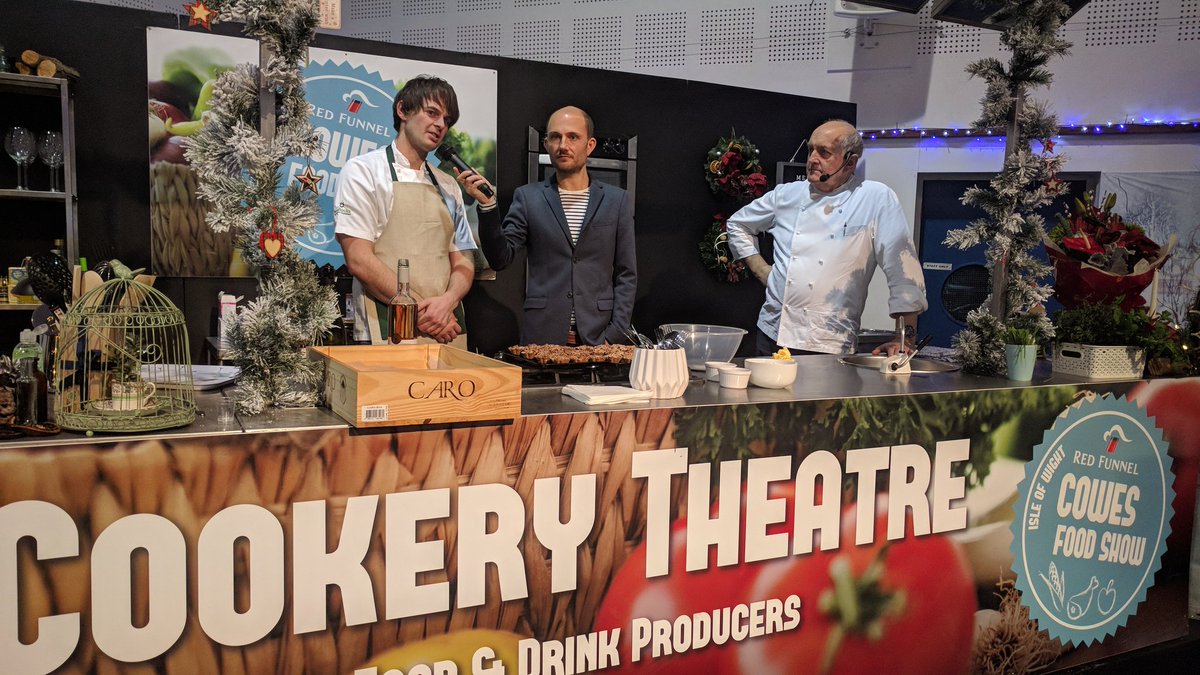 MattandCat's tweet photo. We've just arrived at @RedFunnel #CowesFoodShow! @tomstroud9 introduces chef AlexWibberley demonstrating at the food theatre. https://t.co/L3XTOc5yt6