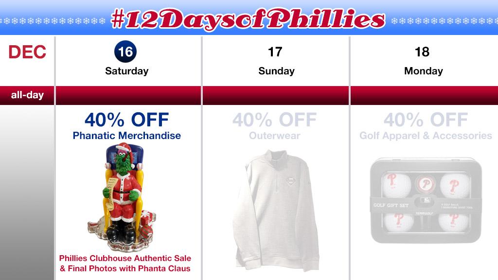 Phillies's tweet photo. 40% off Phanatic merchandise today at @PhilliesMCS for #12DaysofPhillies!
RETWEET for a chance to win a Phanta Claus bobble figurine!
RULES: https://t.co/y1mG9tlSKE https://t.co/0vRPEShNJo