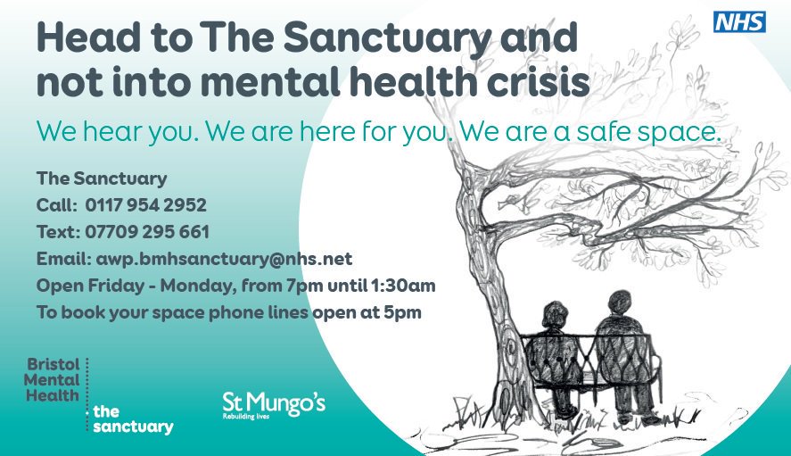 StMungos's tweet photo. Don't suffer in silence. If you feel you can't cope or you're experiencing severe emotional distress, The Sanctuary #Bristol is open Friday-Monday 7pm-1.30am. #mentalhealth https://t.co/1N478qioE7