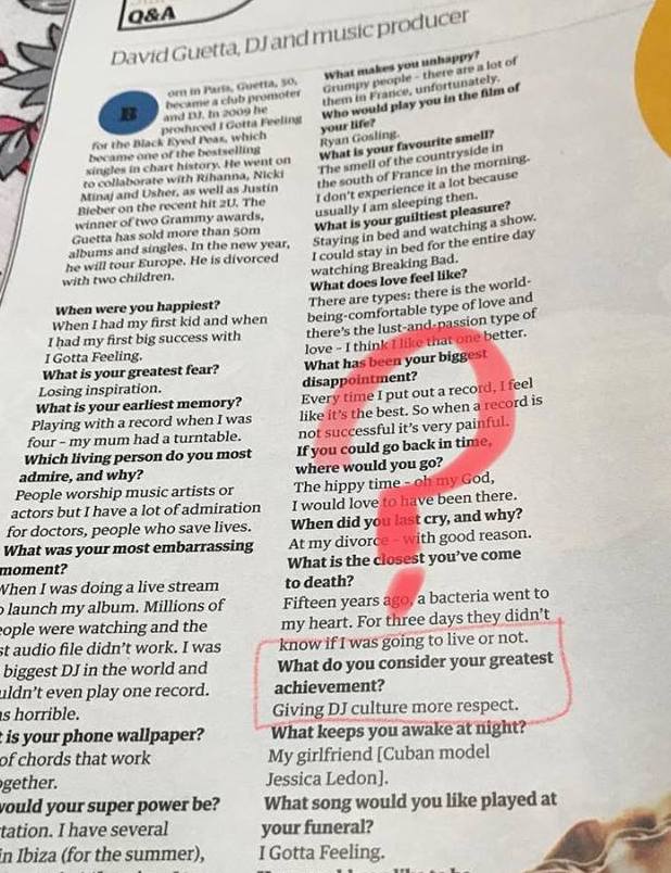Questionnaire in <a href="/guardianweekend/">Guardian Weekend</a> David Guetta tells us what his greatest achievement is. Apparently, thanks to him DJ culture has "more respect". Yep, cheers Monsieur.