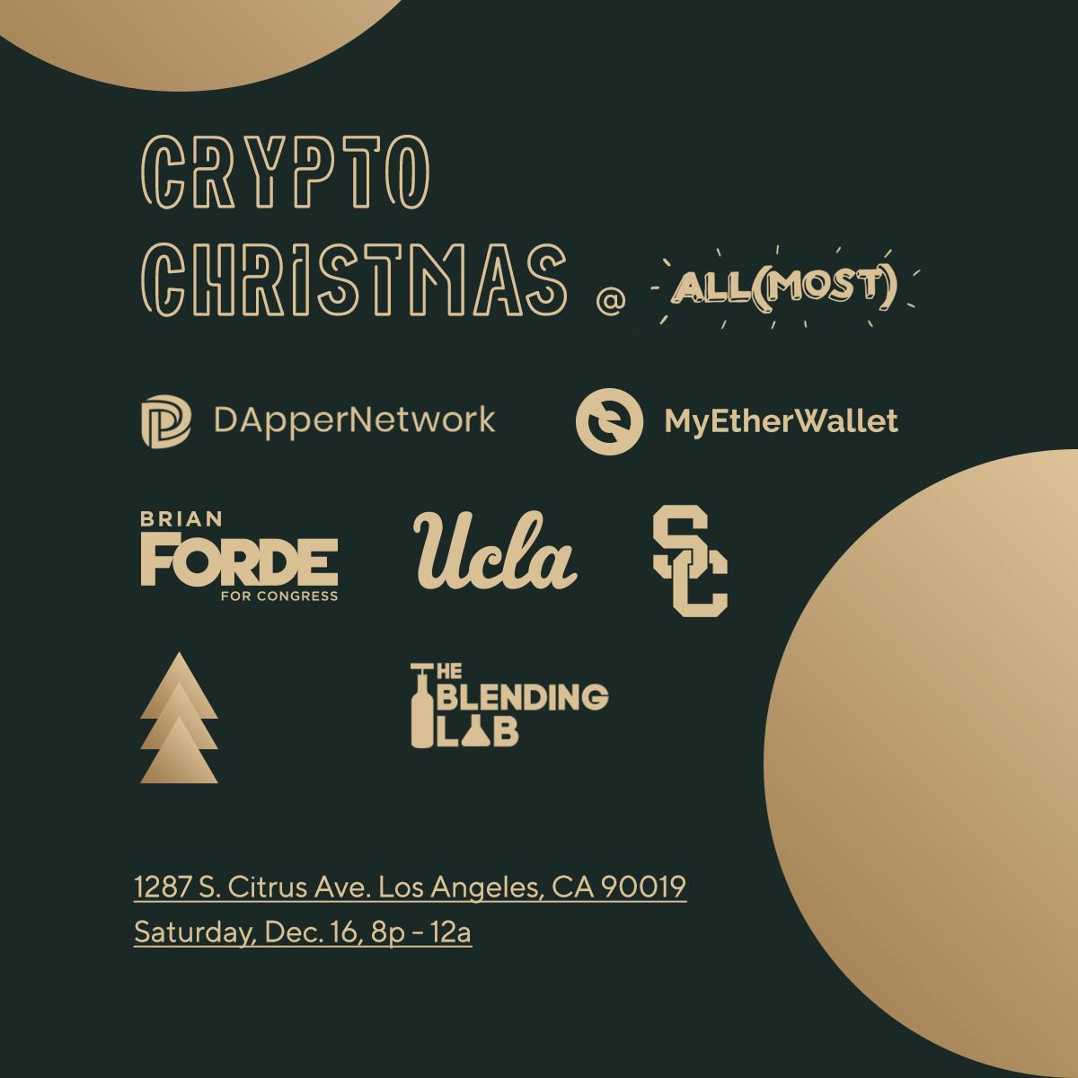 GBBCGiving's tweet photo. Tonight we celebrate this wonderful and exciting year in #Crypto! Celebrate with UCLA, #LABlockchainLab , @BrianForde , #DApperNetwork , #AllmostStudios , @myetherwallet and many more with a toast from us to innovation - https://t.co/WSiOYiTcro #CryptoChristmas https://t.co/96PazoIMHB