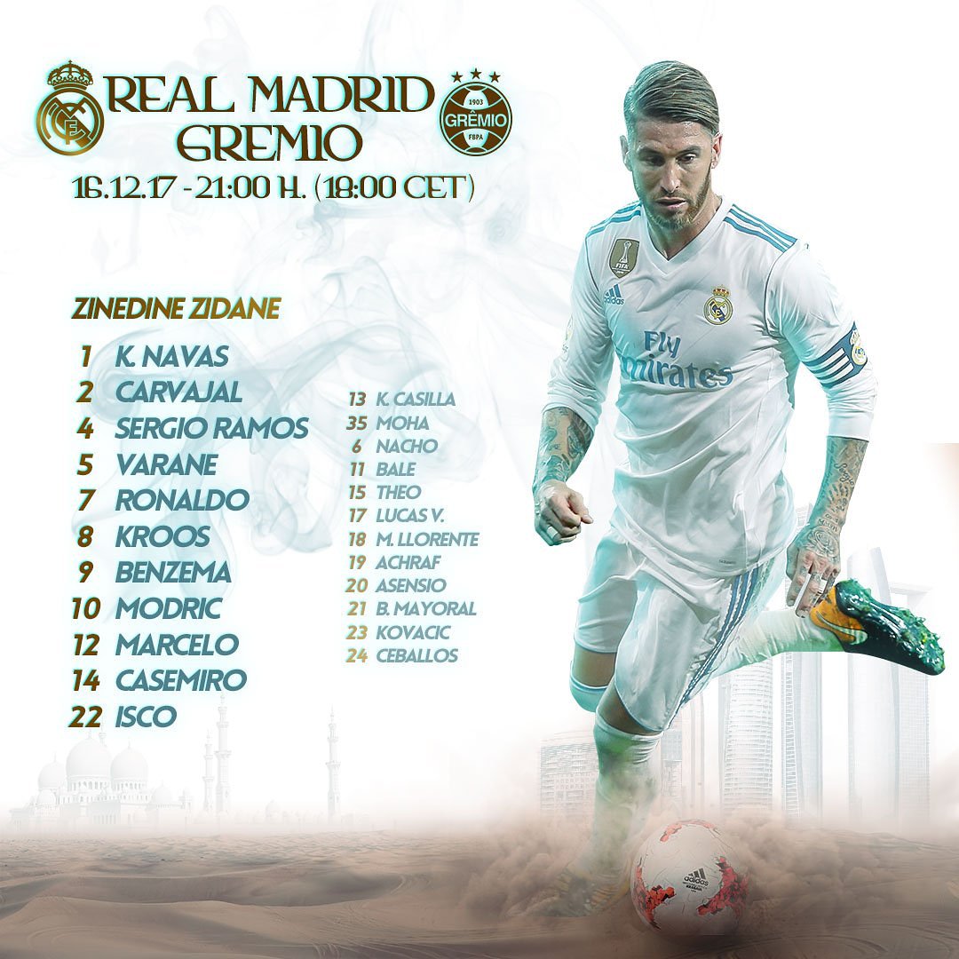 mahad_raay's tweet photo. @realmadriden vs GREMIO. #ClubWorldCup
Our starting line-up for the Club World Cup final against @Gremio! Let's do #HalaMadrid. From#MR7.. https://t.co/0abezT0XTM