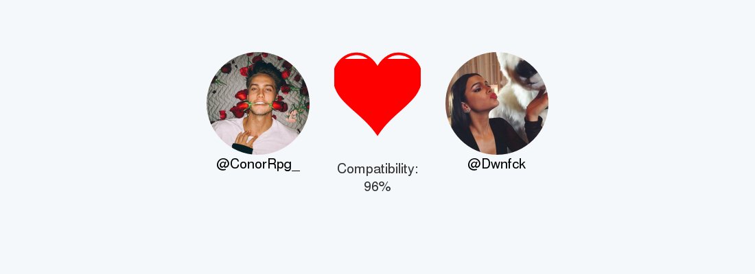ConorRpg_'s tweet photo. My love compatibility with @Dwnfck is 96%

Calculated with https://t.co/pwxjCPpW9D

. https://t.co/WLKsR46XU5