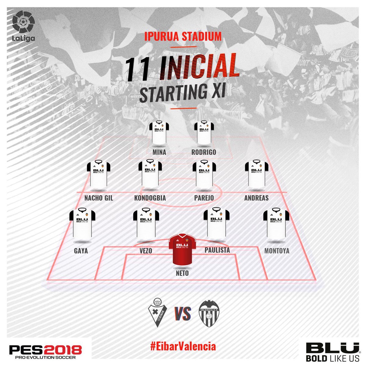 Domingortiz's tweet photo. | XI del #VCF | ⚪️⚫️🦇
Neto; Montoya, Paulista, Vezo, Gayà; Kondogbia, Parejo, Andreas, Nacho Gil; Rodrigo y Santi Mina.
#eibarVCF #LaLiga https://t.co/GpBgAdcQaC