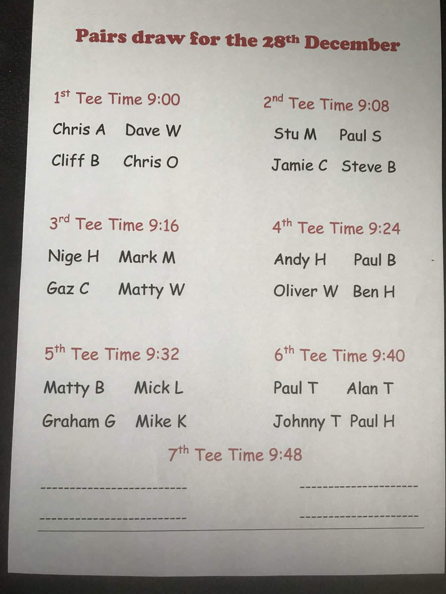 DaveWill5's tweet photo. This is the draw for the Christmas golf at Woolley, good luck to everybody.👍 https://t.co/DE6HdHcKzV